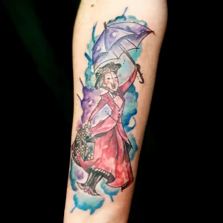 Tatouage Marry Poppins Watercolor - Black Hat Tattoo Nice- tatouage Nice - The Black Hat Tattoo