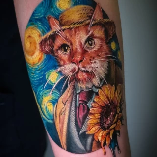 Olena - guest artist - vincent van gogh cat - realism tattoo - colorwork - the black hat tattoo Nice - 2025 - The Black Hat Tattoo