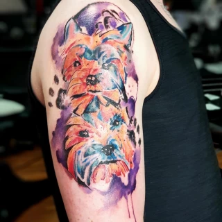 Watercolor Dog Tattoo on Arm - The Black Hat Tattoo Dublin - Mael Besnard 2019 - Artist Portfolio - The Black Hat Tattoo