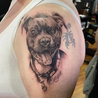 Tatouage portait de chien sur l'épaule -  - Tatouage animaux de compagnie  - Black Hat Tattoo Nice- tatouage Nice - The Black Hat Tattoo
