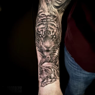 - Tatouage de Tigre - Black Hat Tattoo Nice - bras neotrad- tatouage Nice - The Black Hat Tattoo