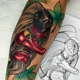 Tatouage Masque Tengu - Tatouage Japonais - Black Hat Tattoo Nice- tatouage Nice - The Black Hat Tattoo