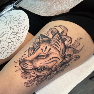 Japonais loup sur la jambe -  - Tatouage Loup - Black Hat Tattoo Nice- tatouage Nice - The Black Hat Tattoo