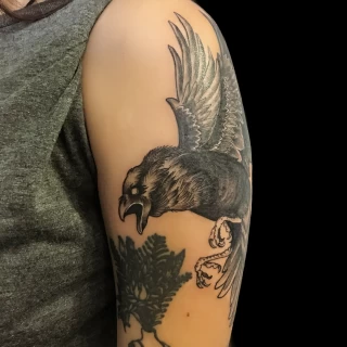 Tatouage de corbeau sur le bras et épaule - Black Hat Tattoo Nice- tatouage Nice - The Black Hat Tattoo