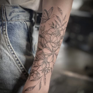 Composition florale fleurs et botanique -  - Tatouage Fleur - Black Hat Tattoo Nice- tatouage Nice - The Black Hat Tattoo