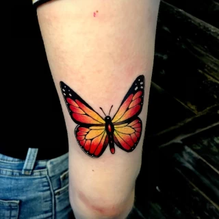 Tatouage Insectes - papillon couleur bras derriere femme- Nice - The Black Hat Tattoo