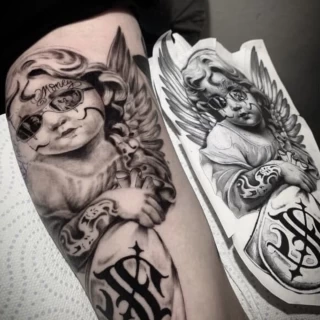 Fanny - guest artist - angel - realism tattoo - black and grey - the black hat tattoo Nice - 2025 - The Black Hat Tattoo