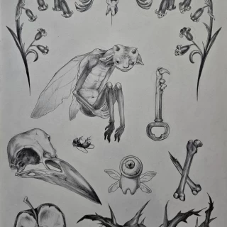 Helena apprentie planche flash - The Black Hat Tattoo