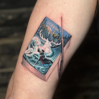 Nicolas - resident artist - harry potter book - pop comics design - color work - the black hat tattoo Dublin- 2025 - The Black Hat Tattoo