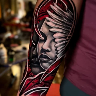 Nicola - guest artist - lady with feathers tattoo - neotraditionnal - colorwork - the black hat tattoo Dublin- 2025 - The Black Hat Tattoo