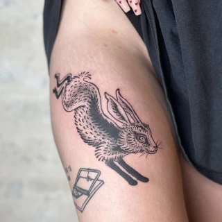 Steff- guest artist - line work - rabbit tattoo - black and grey - presentation post - the black hat tattoo Nice - 2025 - The Black Hat Tattoo
