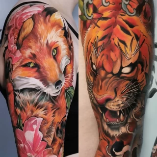 Tatouage tigre et renard realisme - Black Hat Tattoo Nice - tatouage Nice - The Black Hat Tattoo